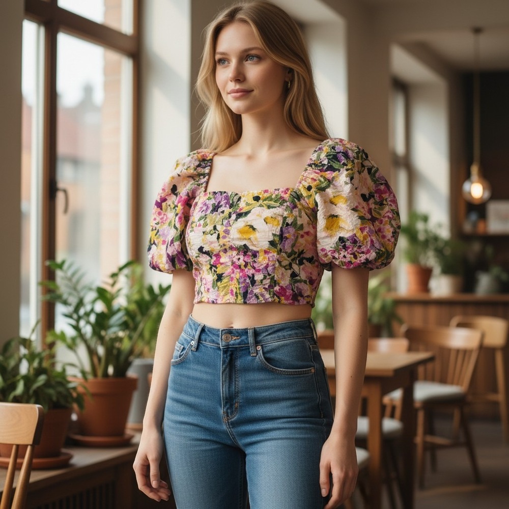 HM Womens XXL Floral Puff Sleeve Crop Top Square Neck Smocked Back‎ Multicolor